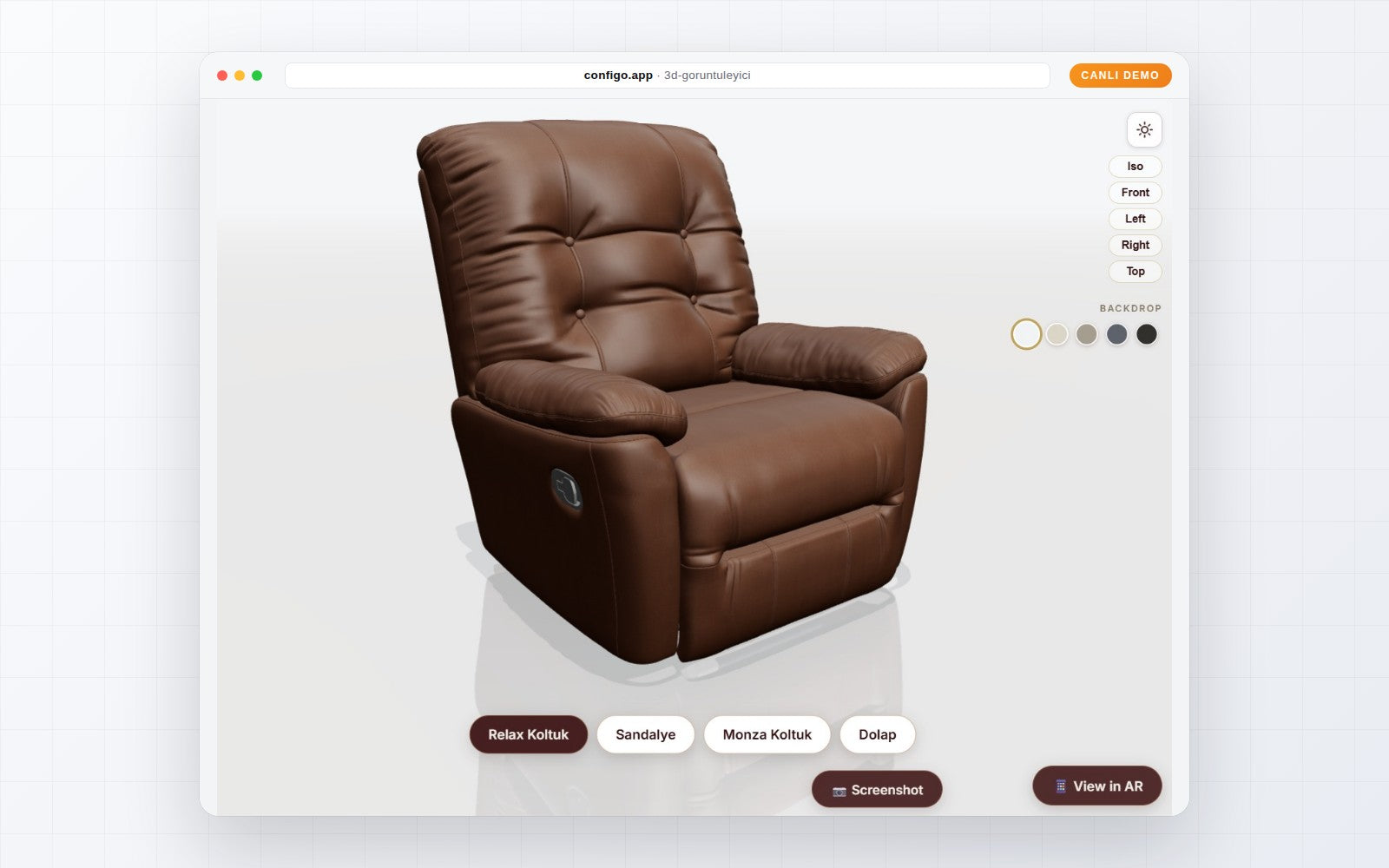 3D Ürün Görüntüleyici: koltuk modelini 360° inceleyen canlı demo